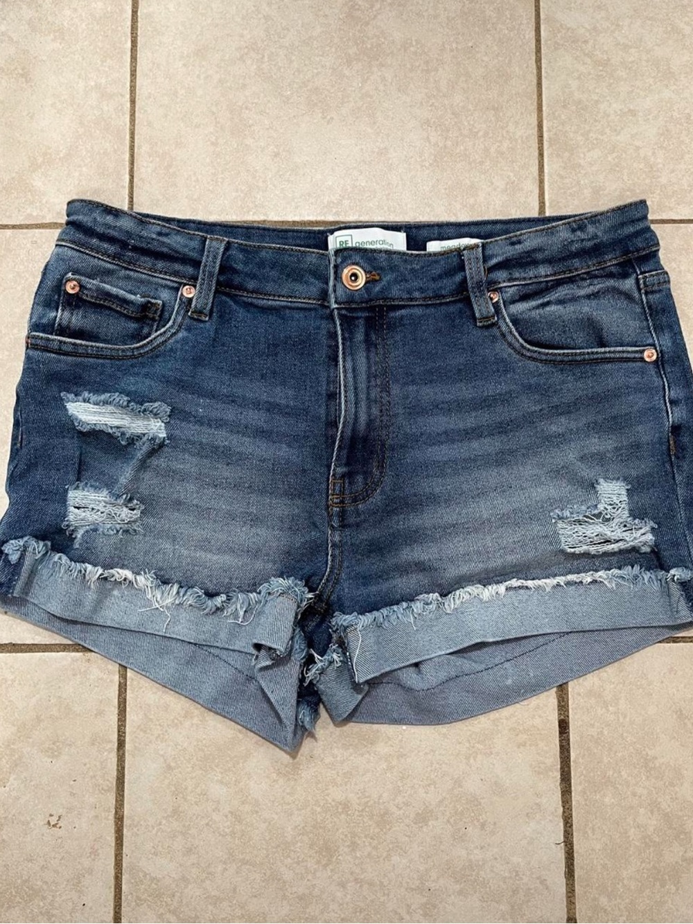 Distressed Dark Blue Denim Shorts - Unknown Brand